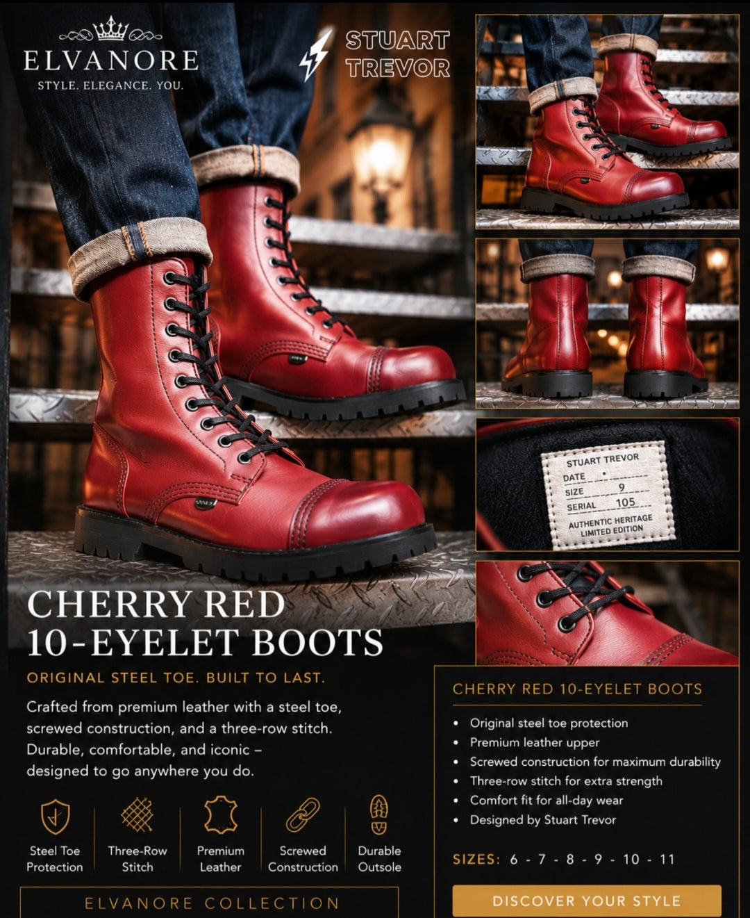 Stuart Trevor Cherry Red 10-Eyelet Leather Boots