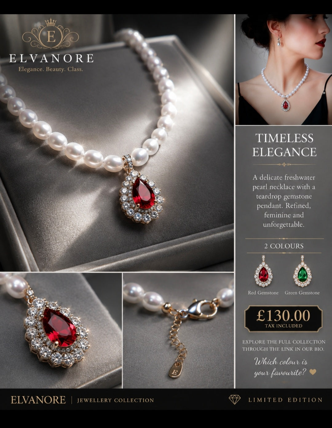 Freshwater Pearl Necklace with Teardrop Gemstone