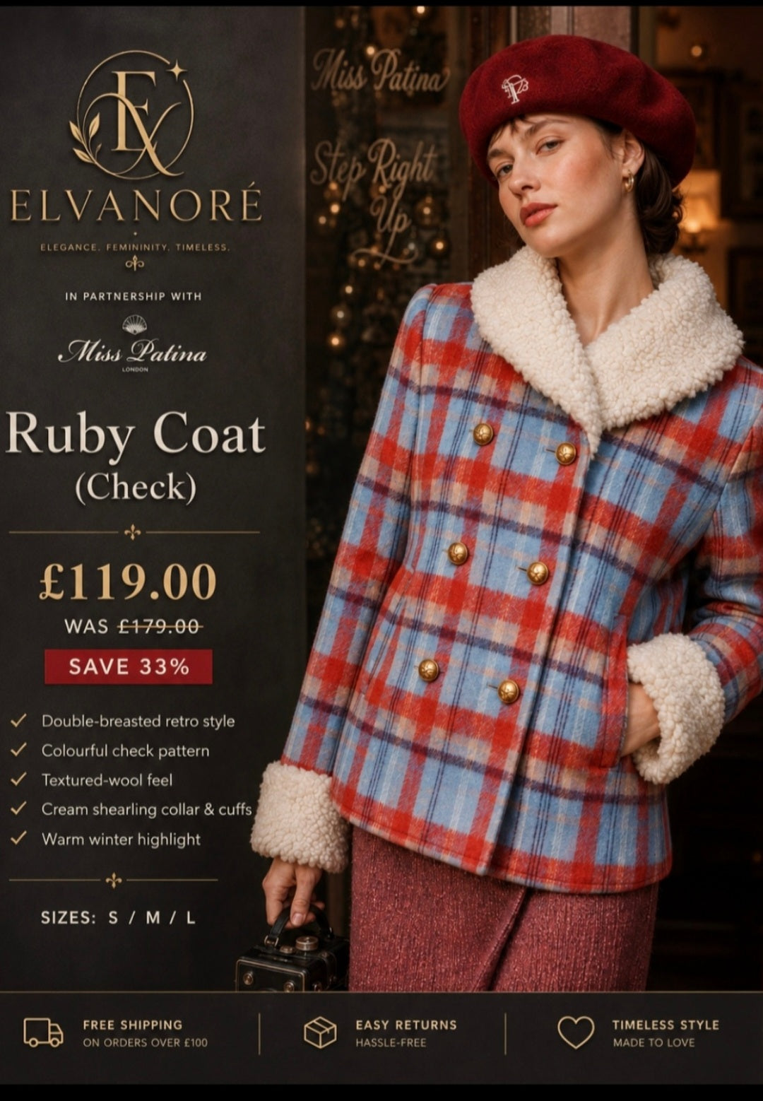 Miss Patina Ruby Check Coat – Retro Winter Statement