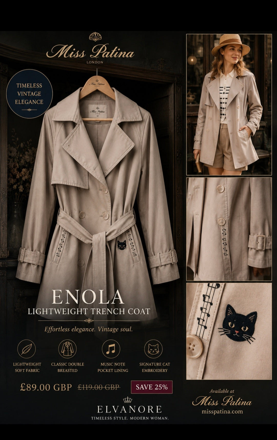 Miss Patina Enola Lightweight Trench Coat – Stone Beige