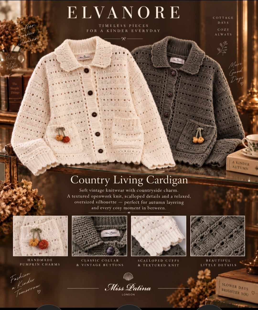 Miss Patina Country Living Cardigan – Cream & Moss Green