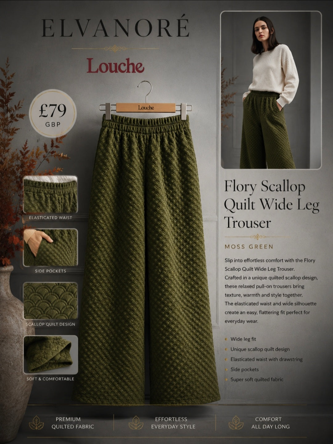 Flory Scallop Quilt Wide Leg Trouser – Moss Green