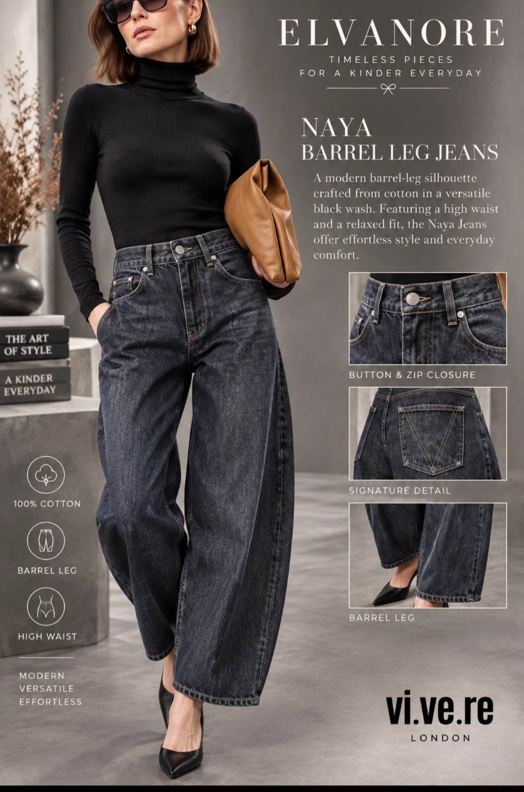 VI.VE.RE Naya Barrel Leg Jeans – Black