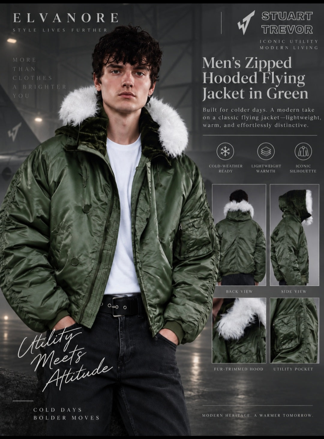 Stuart Trevor Men’s Zipped Hooded Flying Jacket – Green