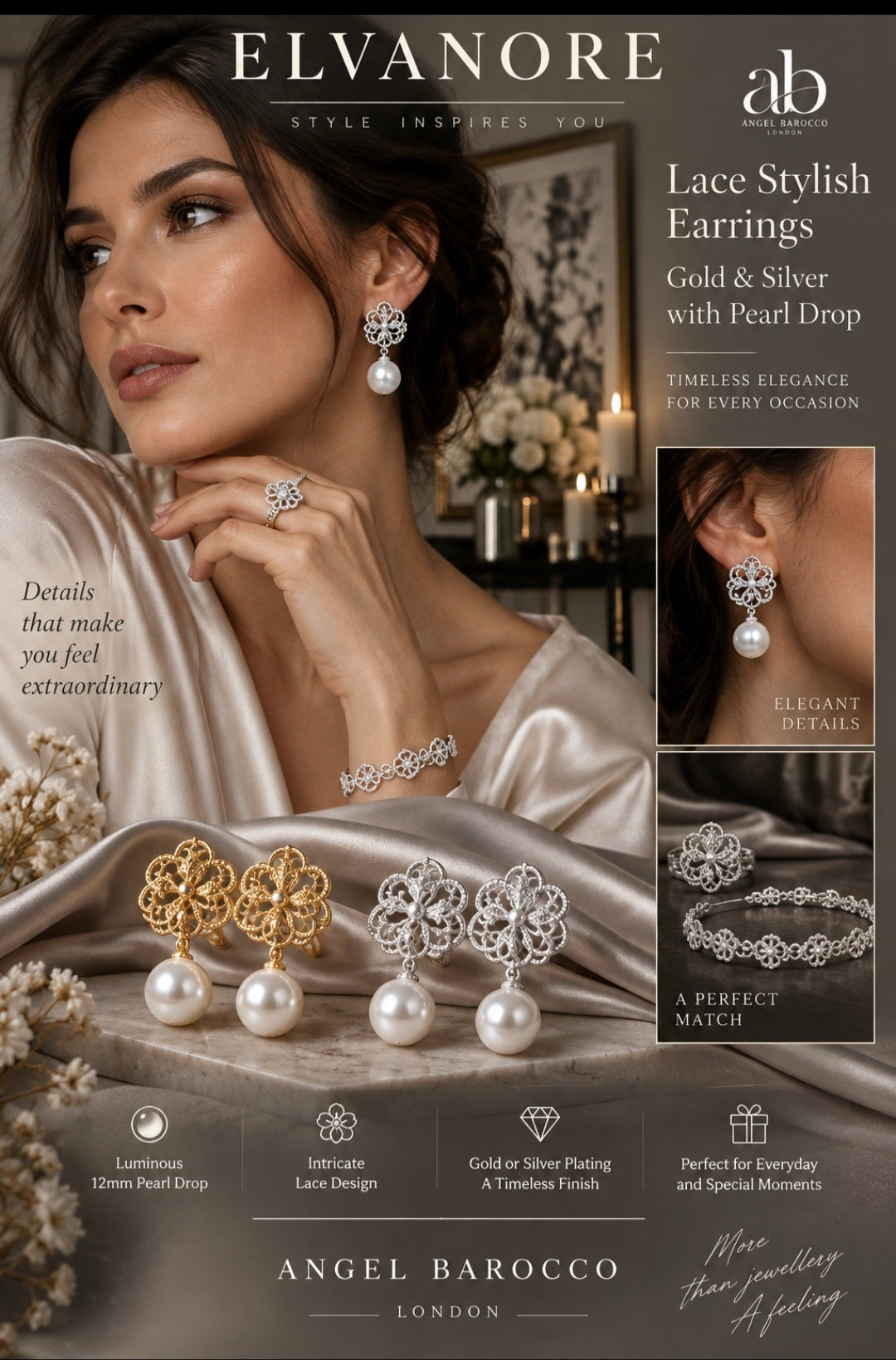 Angel Barocco Lace Stylish Earrings – Gold & Silver with Pearl Drop
