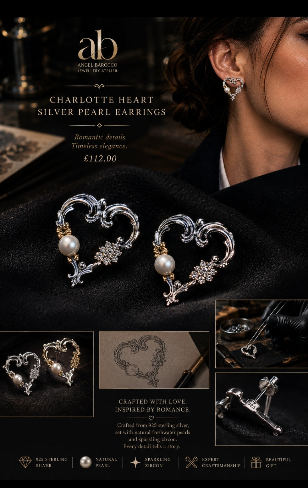 Angel Barocco Charlotte Heart Silver Pearl Earrings