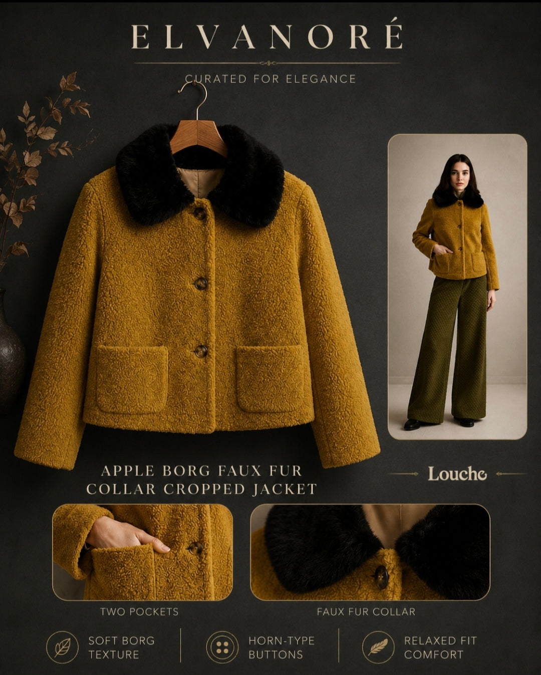 Apple Borg Faux Fur Collar Cropped Jacket – Mustard