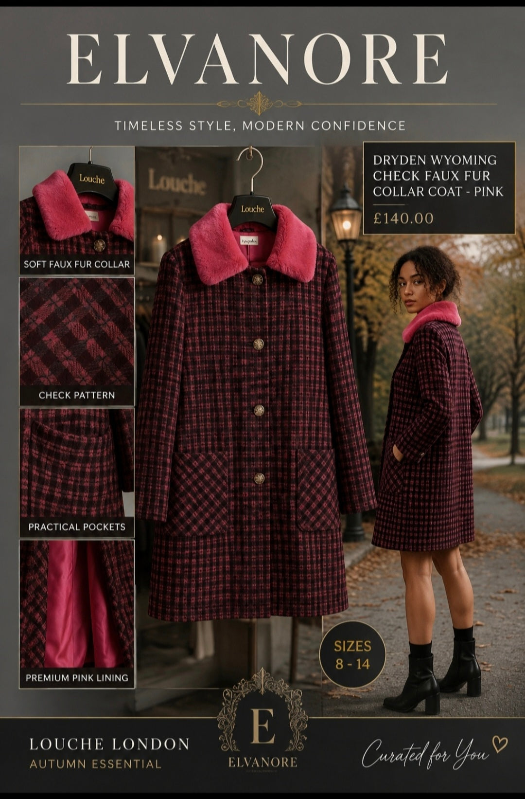 Louche London Dryden Wyoming Check Faux Fur Collar Coat – Pink