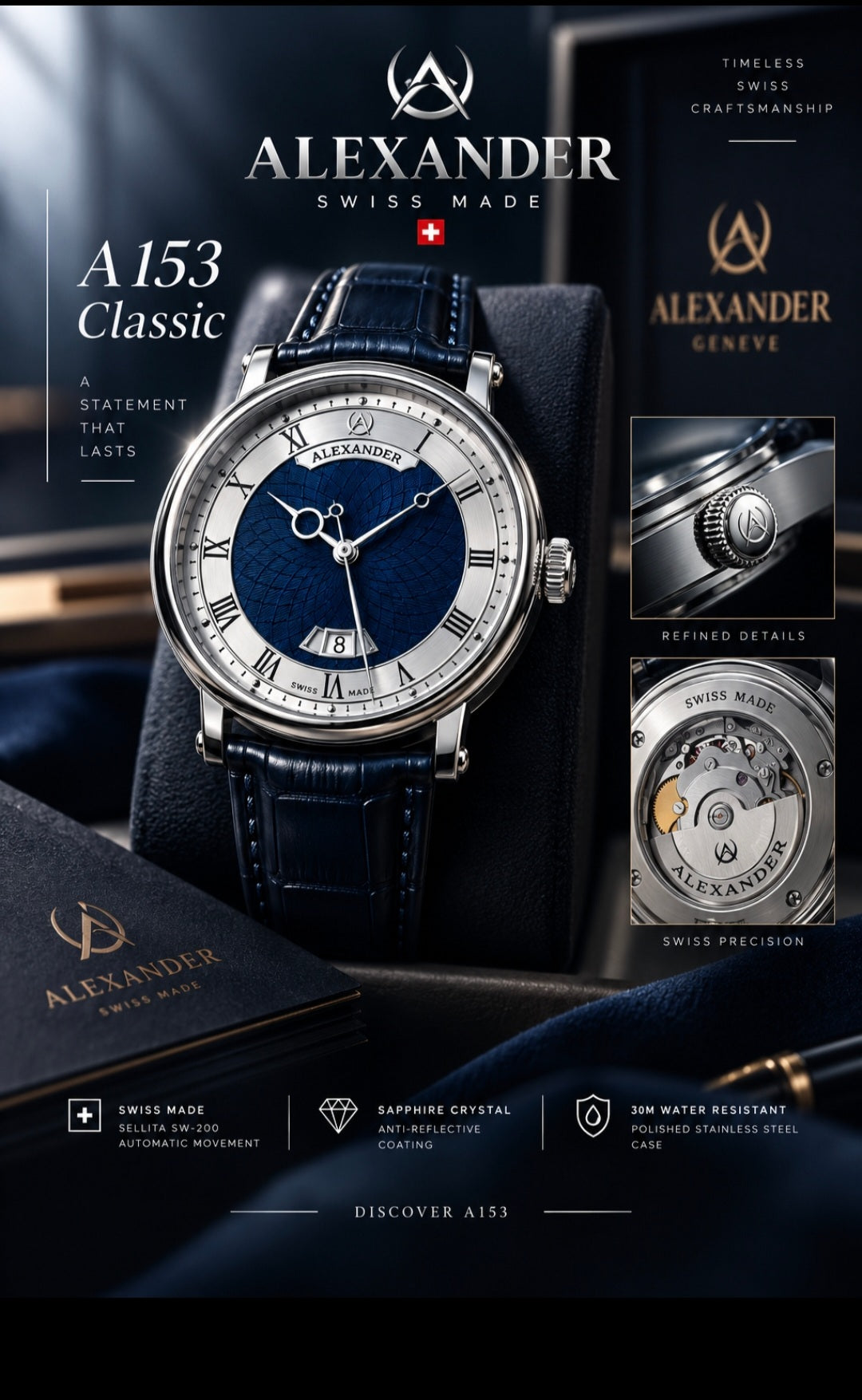 STÜHRLING Alexander Swiss Made Classic A153 Automatic Watch – Blue
