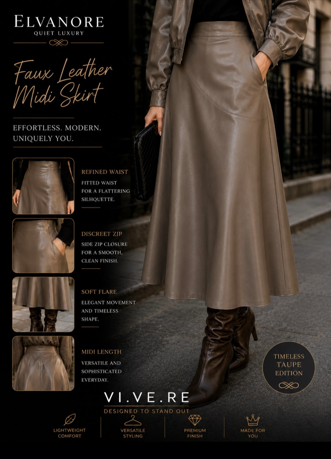 VI.VE.RE Faux Leather Midi Skirt