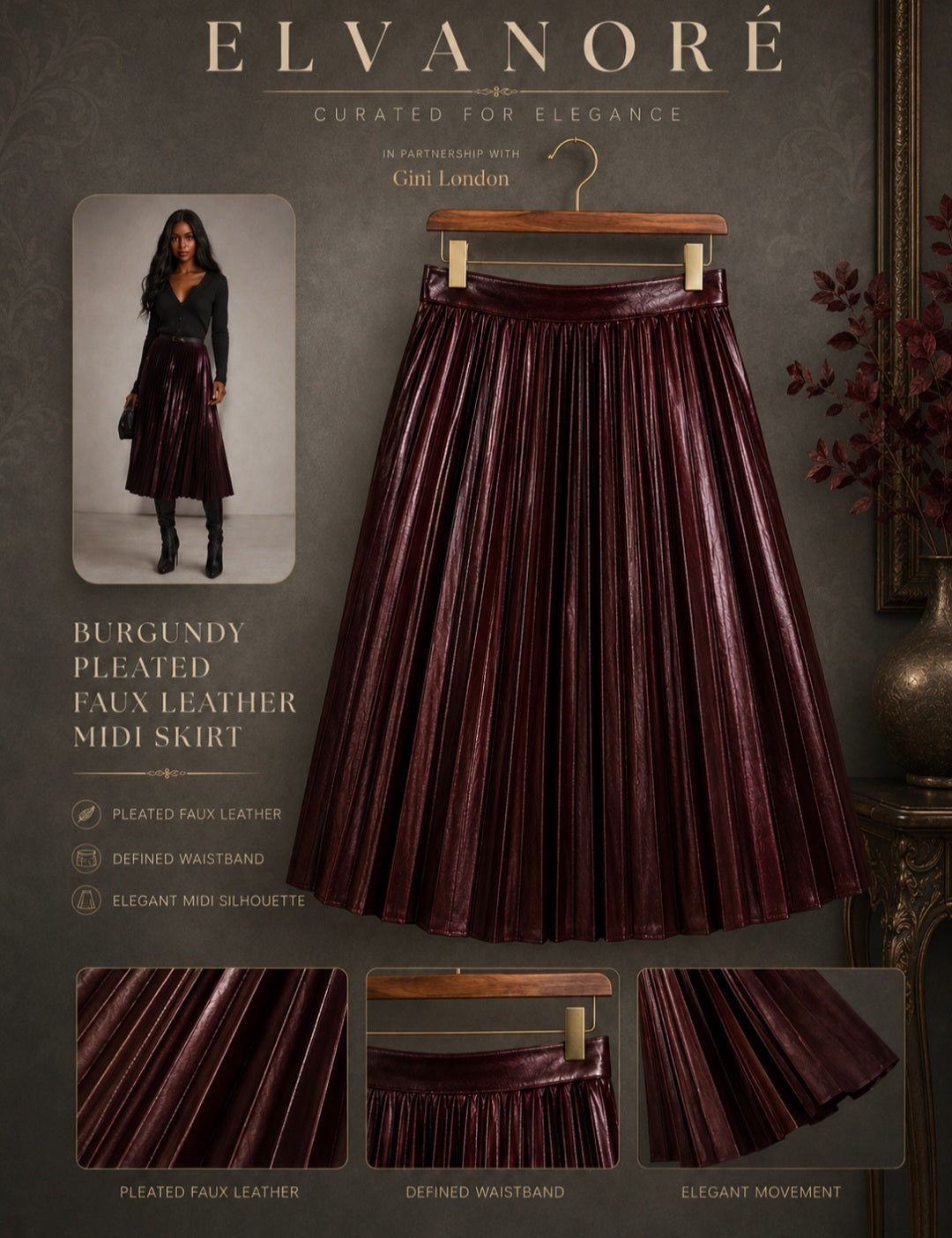 Gini London Burgundy Pleated Faux Leather Midi Skirt