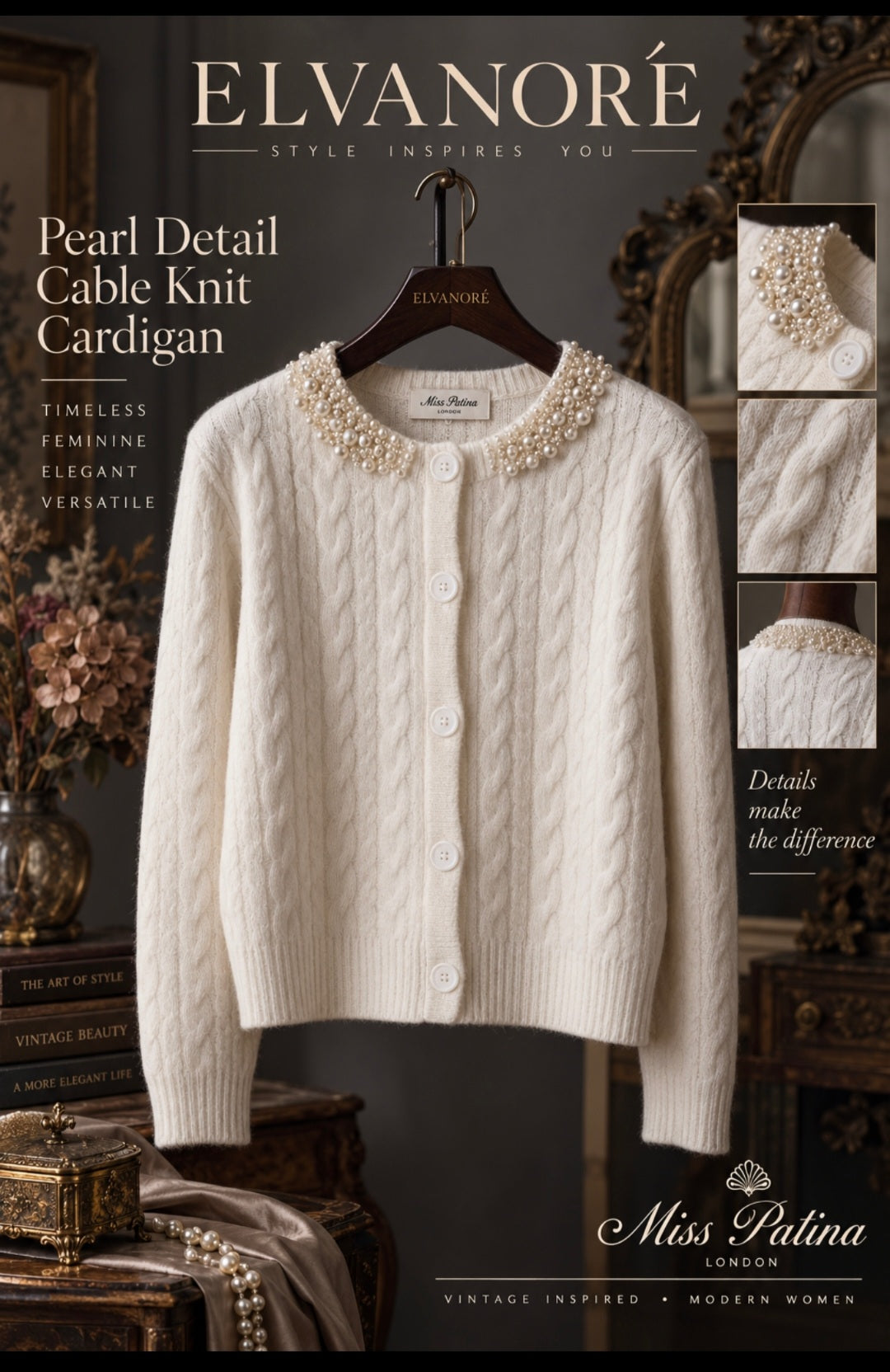 Miss Patina Lady Pearl Cable Cardigan – Cream