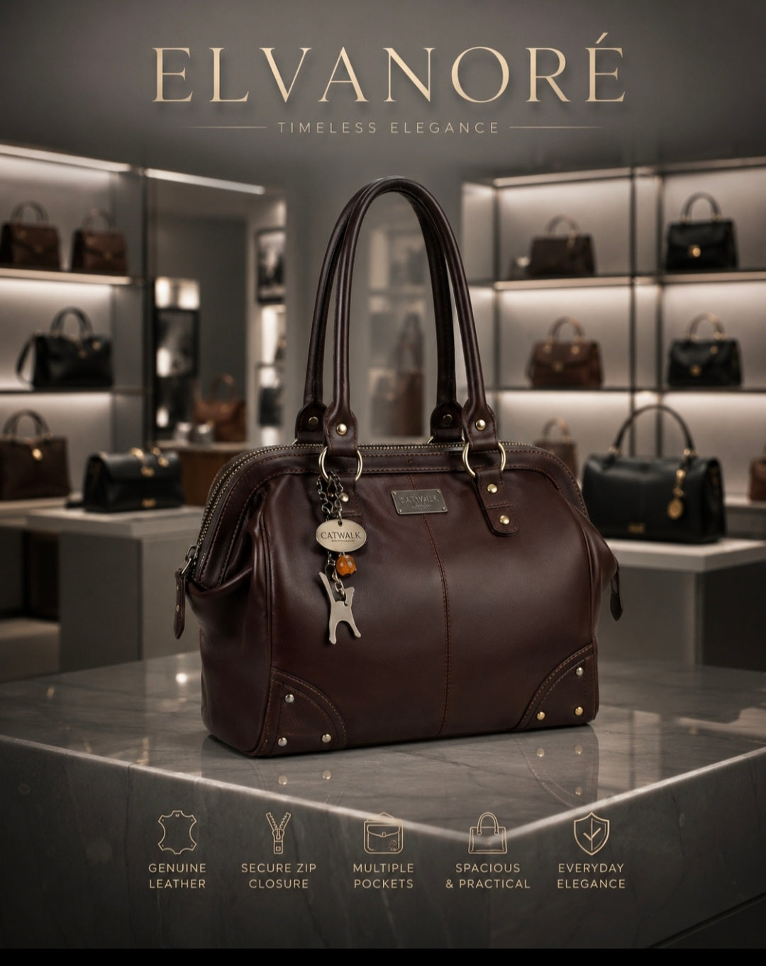 Catwalk Collection Genuine Leather Shoulder Bag – Dark Brown