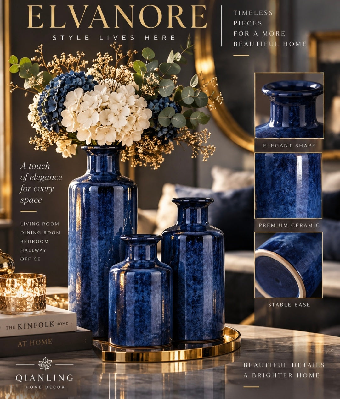 QIANLING Blue Ceramic Vase Set of 3