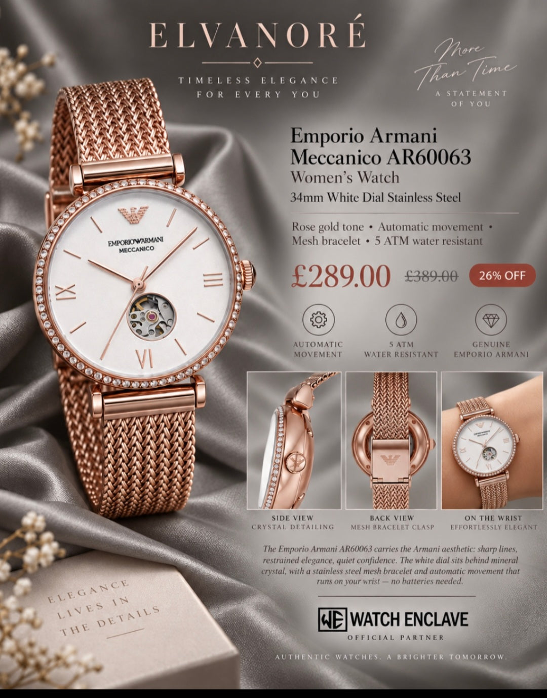 Emporio Armani Meccanico AR60063 Women’s Automatic Watch – Rose Gold